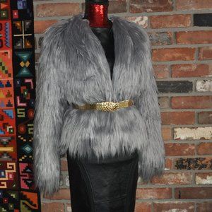 MISSGUIDED Grey Long Hair Faux Fur Shaggy Fluffy Coat Jacket Apres SKI EU34 US2